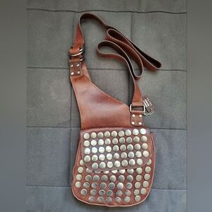 NEW Genuine Brown Leather Studded Sling Bag
